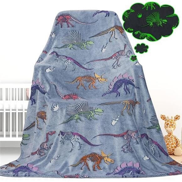GlowinThe Dark Blanket Dinosaur Blanket for Boys Girls Kids Dino Throw Blankets - Picture 7 of 7
